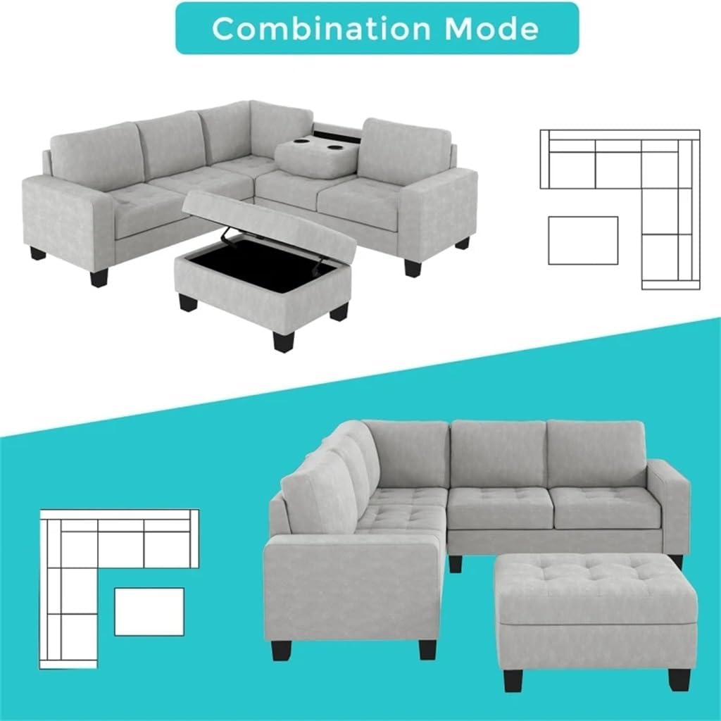 Sectional Corner Sofa L-Shape Couch Space Saving with Storage Ottoman Cup Holders Design for Large Dorm Apartment