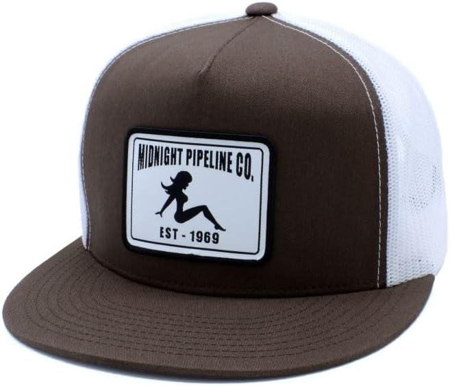 Midnight Pipeline - Flat-Bill Trucker Snapback Hat - Brown and White