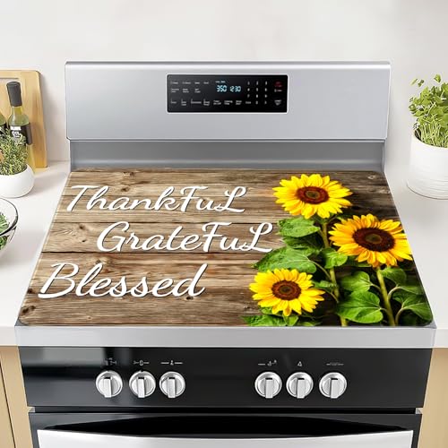 Image of Sunflower Stove Top Cover for Electric Stove 28 inch x 20 inch Heat Resistant Glass Stove Top Cover Protector with Thankful Grateful Blessed Design Glass Cooktop Cover for Electric Stove Kitchen Counter Cover