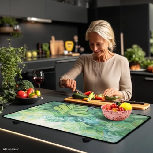 Image of Flat Top Stove Cover Mat for Electric Stove Multipurpose Heat Resistant Mat for Kitchen Machine Washable Foldable Induction Electric Cooktop Protector, 29 x 21 Inch, Monstera