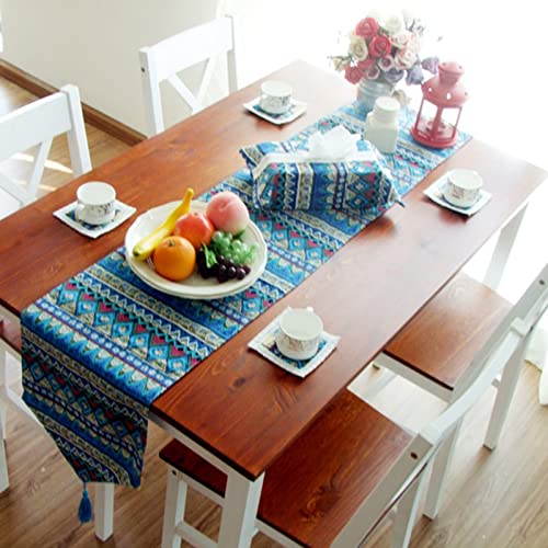 Chemin de table bleu coton lin pour protéger et embellir votre table de ferme