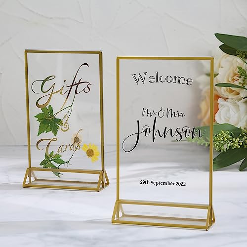 uniqooo acrylic sign holders with golden border portrait view pack of 12  4x6 inches double sided clear frame perfect for wedding reception centerpiece decoration partyanniversary event