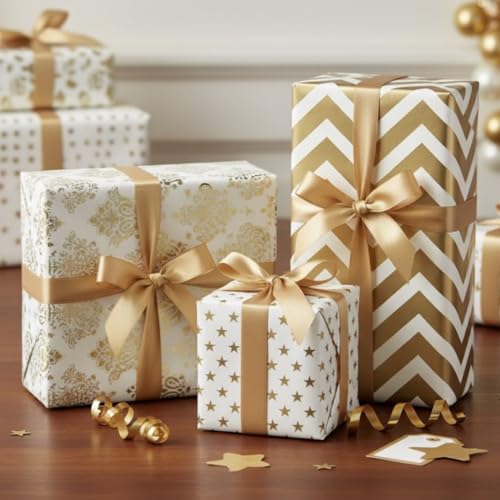 Image of SATYAM KRAFT 5 Pcs White & Golden Premium Design Gift Wrapping Paper for Him /Her gift Packing Sheets Decorative Romantic Gift Wrap for Birthday Anniversary Wedding Return Gifts Packaging material