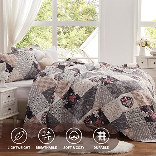 King Size Quilt Set 3 Pieces Lightweight Reversible Bedspread-98''x106'' Soft Patchwork Floral Coverlet Luxurious Warm Microfiber Bed Cover All Seasons Gray Bedding Set(1 Quilt,2 Pillow Shams)