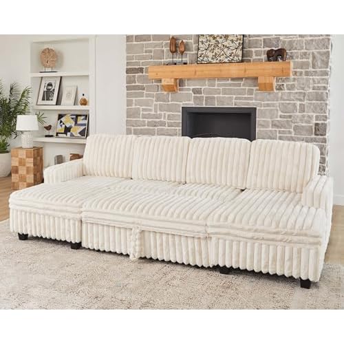 Belffin Modular Sectional Sleeper Sofa with Pull Out Couch Bed Corduroy Double Chaise with Storage Beige Couch Beige Sleeper 2