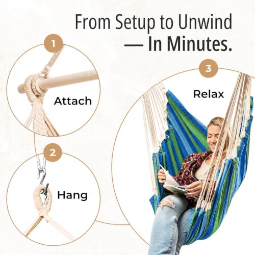 Image of Hanging Hammock Chair Swing - Outdoor & Indoor - Hammock Swing Chair | Footrest, Spacious XL Seat, For Adults, Cotton Blend, All Hardware Included, Ceiling Mount, Bedroom to Porch Use