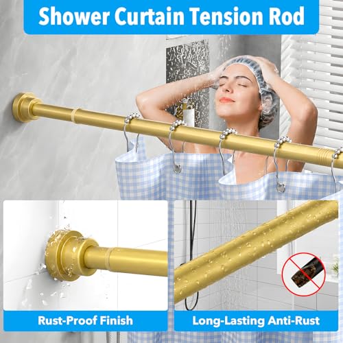 Image of Shower Curtain Rod Gold Tension Rod 36 to 63 Inch Spring Curtain Rod Shower rod Non Slip shower curtain rod 1pcs for Windows No Drilling Adjustable Tension Rods of Curtain Window Closet Kitchen