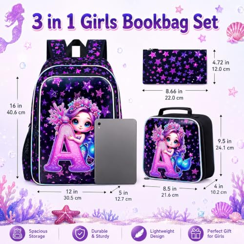 Image of CCJPX 16 inch Mermaid Backpack for Girls, 3Pcs Kids Bookbag with Lunch Box, Water Resistant Elementary School Bag for Kindergarten Preschool Toddler (Black)