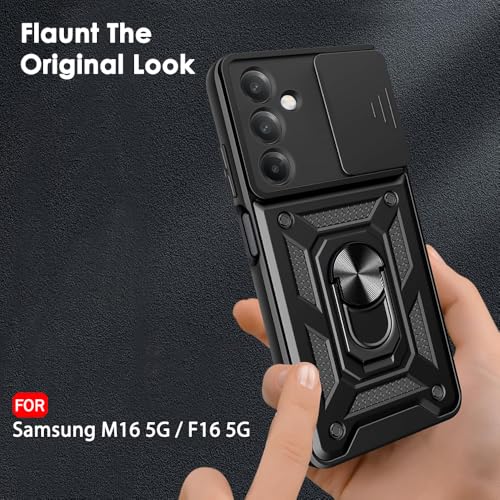 Image of TheGiftKart Tough Armor Bumper Back Cover Case for Samsung Galaxy M16 5G / F16 5G | Sliding Camera Cover, KickStand & Ring Holder | 360 Protection Back Case for Samsung M16 / F16 5G (PC & TPU, Black)