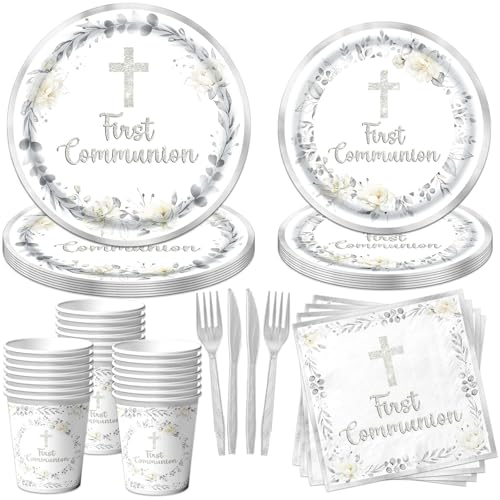 First Communion Decorations 150Pcs Silver First Communion Plates and Napkins God Bless Baptism Birthday Supplies Paper Tableware for Christening Celebration Baby Shower Party Serves 25