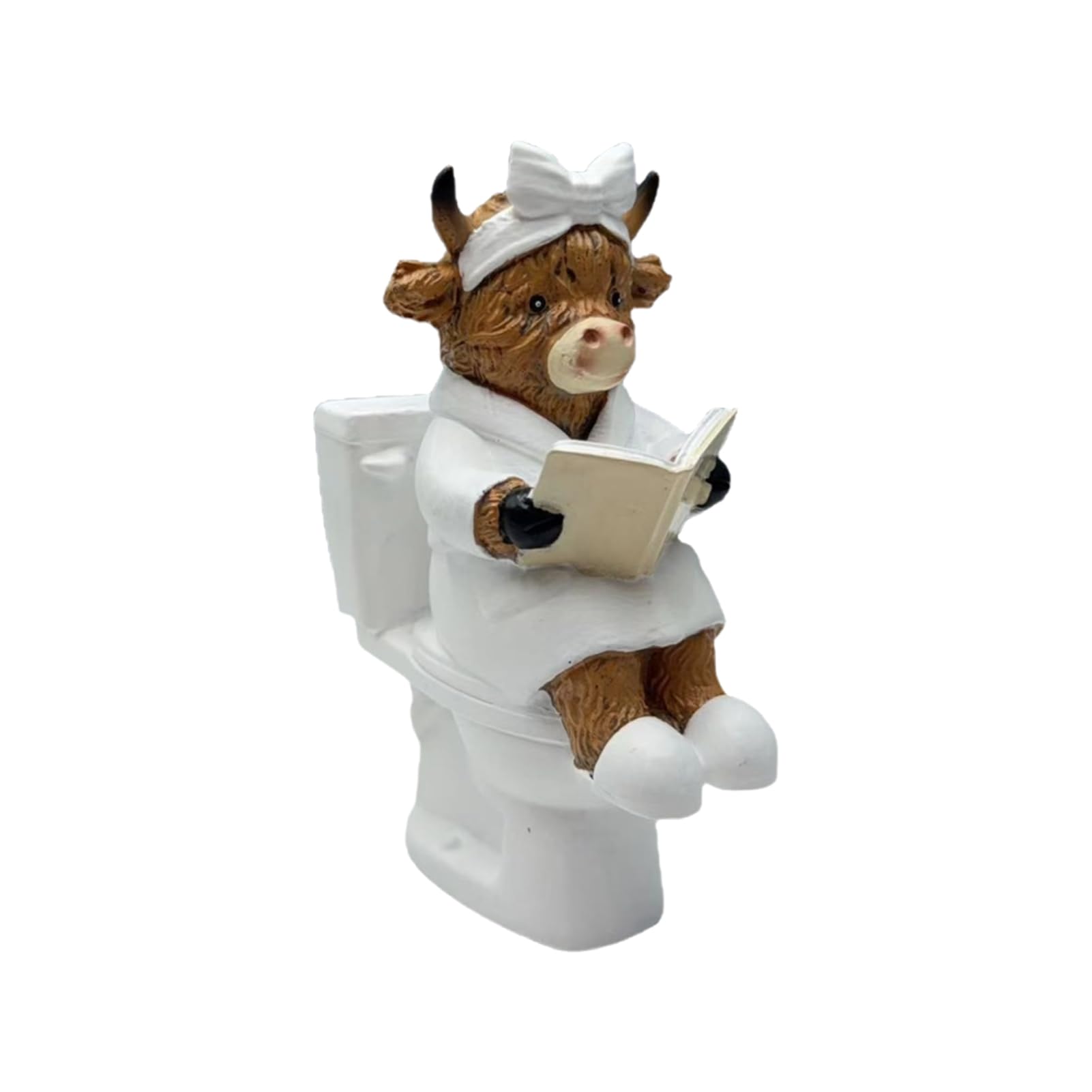 Glifora Funny Highland Cow Figurine - Cute Resin Cow Sitting on Toilet Reading Book Statue for Office Desk, Kitchen, Table, Home and Bathroom Decor