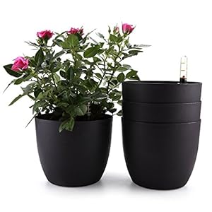 T4U Zelfwaterende bloempot met waterindicator, 15 cm, zwart, set van 4, zelfbewatering, waterreservoir, plantenbak…