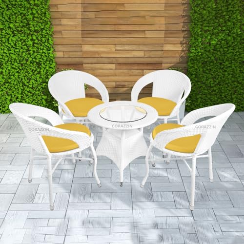Image of Rattan Wicker Garden Patio Seating Chair and Table Set for Outdoor Balcony Garden Coffee Table Set Furniture with 1 Table and 4 Chairs with Yellow Cushion (White)