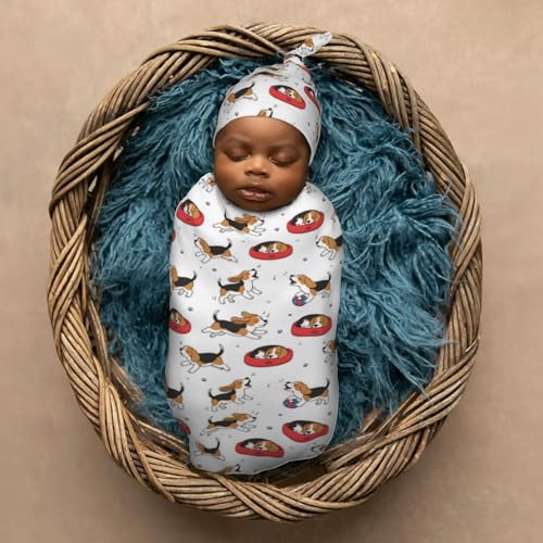 Image of Cute Beagle Dog Newborn Swaddle Blankets Hat Sets Soft Baby Receiving Blanket Swaddle Sack for Baby Shower Infant Boy Girl Gift
