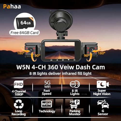 Image of 4 Channel Dash Cam Front and Rear Cabin, 360 Dash Camera, Night Vision 8 IR Lamps for Cars, 5G WiFi for Download, G-Sensor, 24H /7 Parking Mode with 64GB Card, Support 256 GB Max