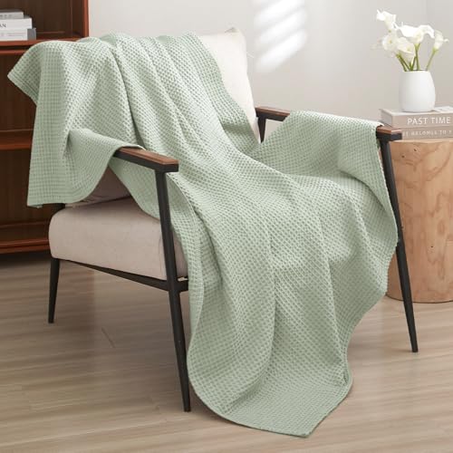 Image of PHF Pre-Washed Cotton Waffle Weave Blanket Throw Size for Couch Bed,Snag Proof Spring Summer,Lightweight Breathable,Oeko-TEX Certified,Machine Washable, Home Decor Gift，Sage Green