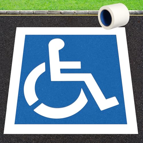 36 Inch Handicap Parking Stencil with Tape Border Reusable White Silicone Wheelchair Symbol Stencil 1mm Thick Pavement Marking Kit for Asphalt Concrete