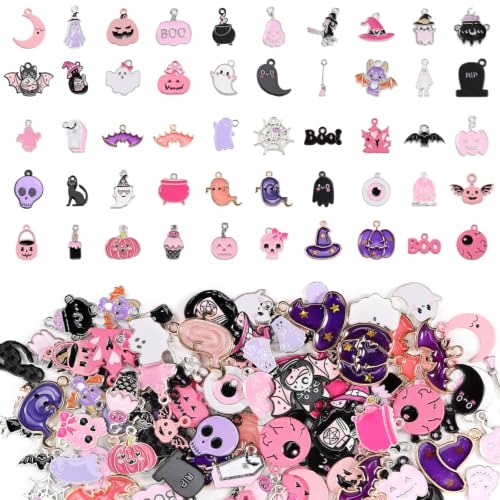 Amintiri 100 Pcs Pink Lilac Halloween Charms Bulk Enamel & Alloy Assorted Pendants for Jewelry Making Spooky DIY Craft Supplies for Bracelets Earrings Necklaces & Keychains