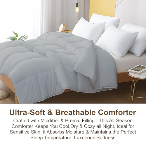 Image of Bed Comforter - King Size - Light Grey 300 GSM Quilt Blanket Rajai - Winter Warm Down Alternative Duvet Insert with Corner Ties