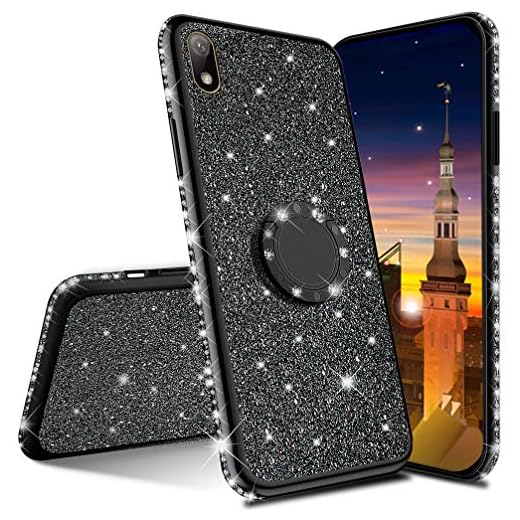 MRSTER Huawei Y6 2019 skal glitter bling TPU-skal med 360 roterande ringstativ, stötdämpande skyddande skal skal skal skal skal skal skal skal skal skal skal skal skal skal för Huawei Y6 2019. GS Bling TPU svart