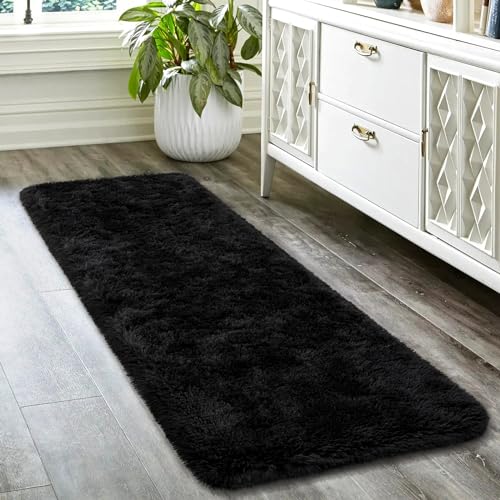 HOMORE Runner Rug 2x6 Black Rug for Bedroom, Fluffy Runner Rugs for Hallway Living Room, Non Slip Rugs for Indoor Entrance Memory Foam Carpet for Kids Room Dorm