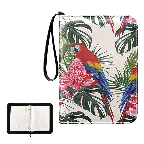 Oyihfvs Green Tropical Palm Leaves, Parrot Bird, Pink Hibiscus, Butterfly PU Leather Card Storage Bag, With Zipper Waterproof 50 Pages 400 Slots Card Bag for Students Home School 15.74 x 9.64 inch