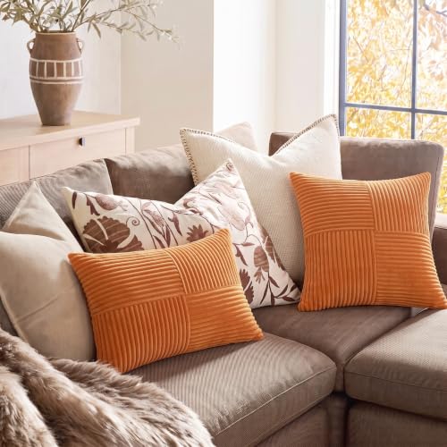 Image of Fancy Homi 2 Packs Orange Long Lumbar Decorative Throw Pillow Covers 16x24 Inch for Couch Bed Sofa, Rustic Farmhouse Boho Home Decor, Soft Striped Corduroy Rectangle Accent Cushion Case 40x60 cm