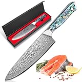Generisch Couteau de Chef Professionnel en Acier Damas 20 cm, 67 Couches VG 10, Manche en Nacre d’Ormeau, Couteau Cuisine Extrêmement Tranchant pour Viande, Légumes et Fruits, Boîte Cadeau Incluse