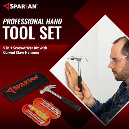 Image of Spartan 5 In 1 Screwdriver Kit with Curved Claw Hammer | Multipurpose Hand Tool Combo for Home, DIY, Woodwork, Construction, Repair & Professional Use | Pack of 1