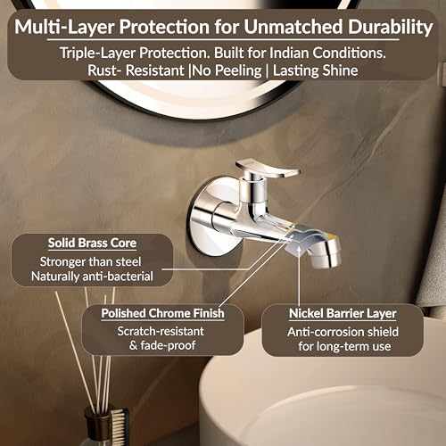 Image of Plantex Long Body Bib Cock Water Tap for Bathroom /Wall Mount Tap for Wash Basin with Teflon Tape & Wall Flange - Pack of 1 (Star, Chrome)