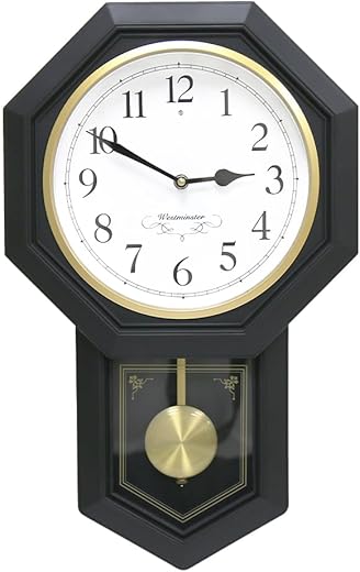 BESTIME 66236 Plastic Pendulum Clock. Westminster Chime Every Hour,Elegant,Traditional Schoolhouse,Home,Office,Living Room,Bedroom. (Black Frame)