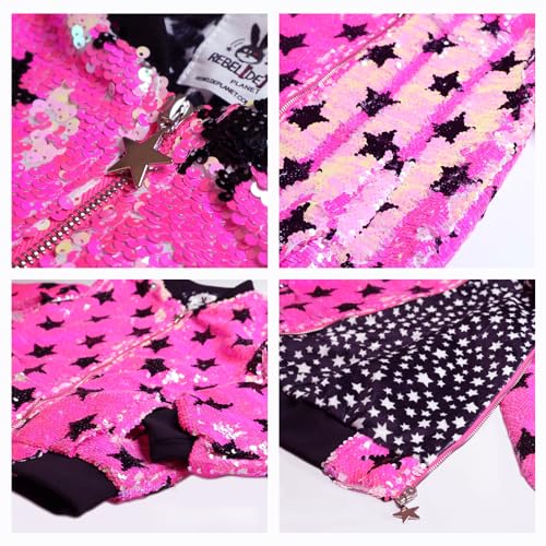 Girls Hot Pink Bomber Jacket with Stars Flip Sequin - Side Pockets, Metallic Zipper with Silver Star Slider3
