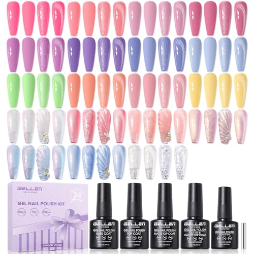 GELLEN Gel Nail Polish Set 24pcs 20 Colors Pastel Gel Polish Kit Spring Nail Gel Polish with Base Coat Glossy Glitter Cat Eye Top Coat Magnet Soak Off UV Gel Nail Polish