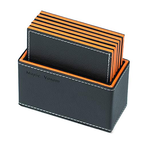Estrend Pu Leather Coasters With Holder Set Of 6, Square Black Coaster For Cold & Hot Drinks #TOP4