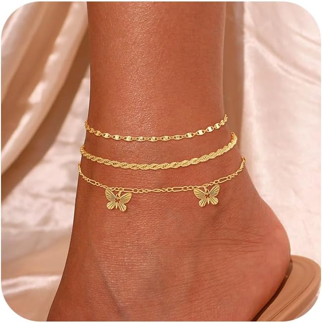 CAROVO Gold Ankle Bracelets for Women 14K Real Gold Plated Layered Anklet Waterproof Set Snake Sparkly Cuban Link Figaro Bead Paperclip Butterfly Chain Stackable Anklets Set Beach Jewelry for Women