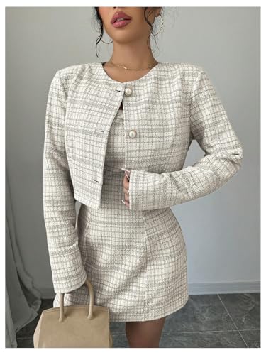 Image of SOLY HUX Women's 2 Piece Outfits Plaid Long Sleeve Button Down Cropped Jacket and Sleeveless Mini Dress Sets