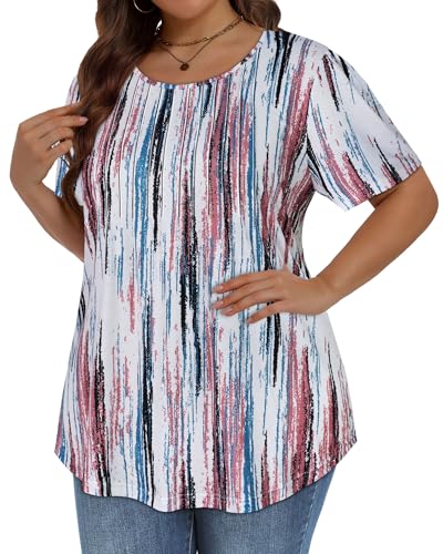 Image of Plus Size Tops for Women Pleated Summer Top Trendy Short Sleeve Shirts Casual Basic Tee Crew Neck Blouses 2026