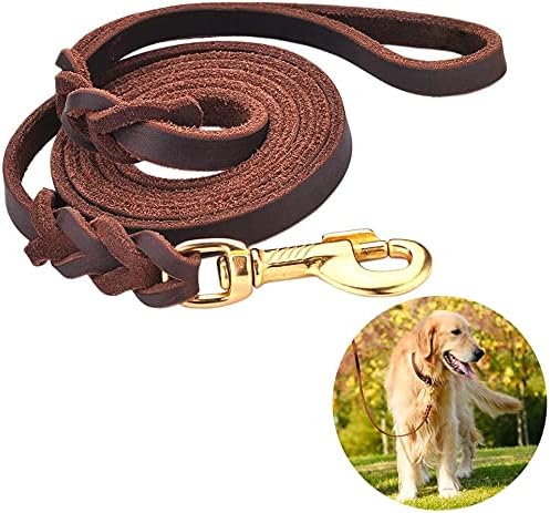 Kitty Flex Leather Dog Leash Braided 6ft Heavy Duty Training for Large Medium Small Breed Dog Brown Standard Pet Leashes