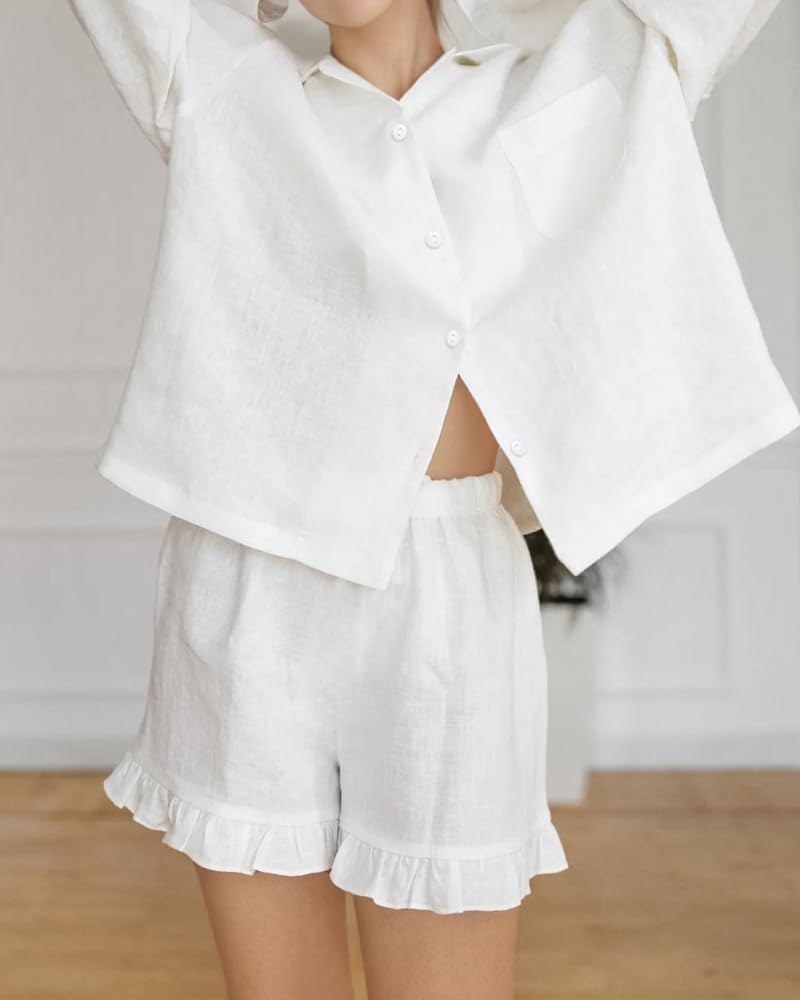 Womens Ruffle Pajama Sets 2 Piece Long Sleeve Button Down Shirt and Shorts Set Cozy Cotton Lounge Set - Image 3