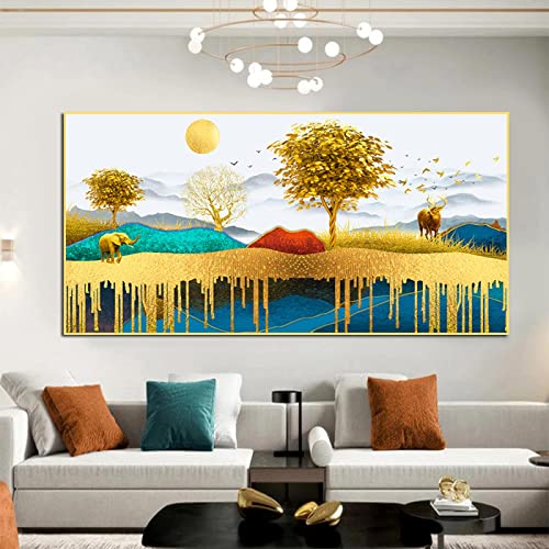 Peinture toile elks montagnes or pour sublimer votre salon avec un grand tableau moderne