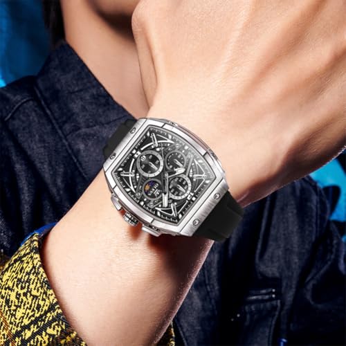 Image of OLEVS Men Watches Business Dress Chronograph Big Square Quartz Analog Male Watch Silicone Strap Waterproof Date Gift Mens Wrsit Watch Silver