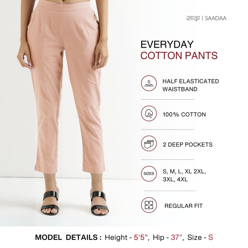 Image of SAADAA Women Cotton Pant Regular Slim Fit Mid Rise Trouser, Pocket Pants for Office School Formal Casual Daily Use