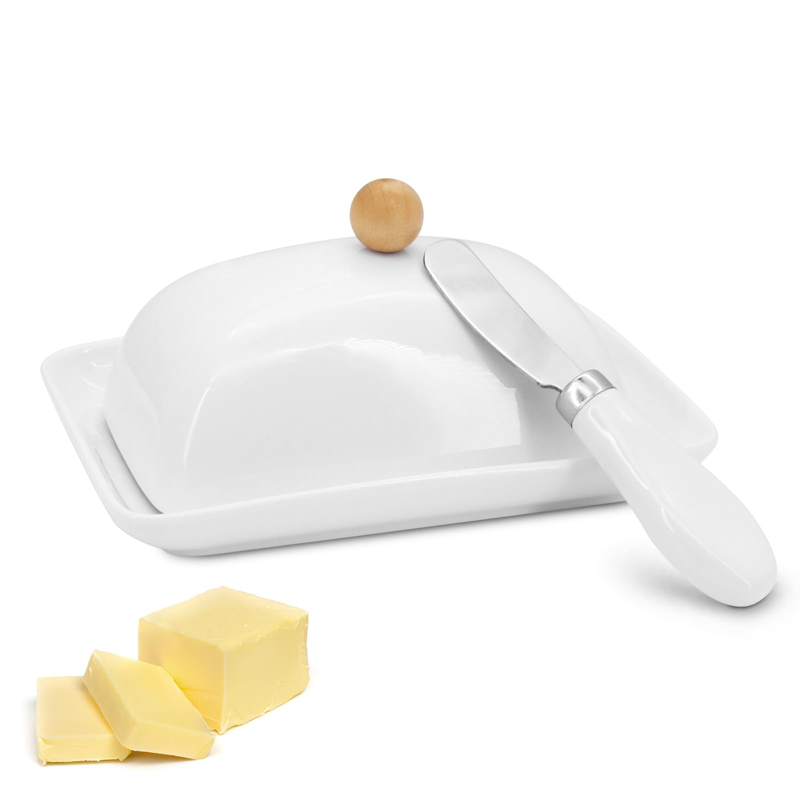 Burriera con coperchio e coltello, in ceramica con manico, in porcellana, per burro da 250 g di burro
