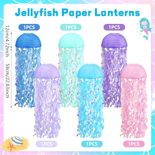 Image of Jelly Fish Paper Lanterns 6pcs Pink Purple Blue Paper Lanterns for Mermaid Theme Party Under The Sea Ocean Birthday Party Baby Shower Indoor Outdoor Party Decorations