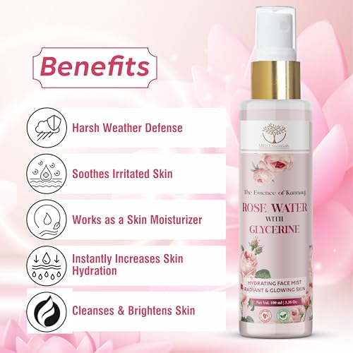 Image of 100% Pure Kannauj Rose Water with Glycerine Hydrating Face Mist - Radiant & Glowing Skin - Made with 40KG of Steam-Distilled Kannauj Roses - 100 ML