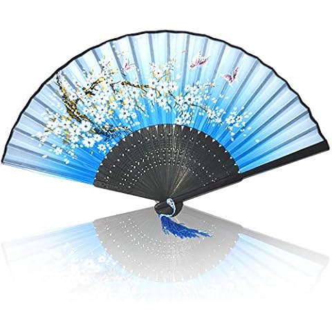 Xfantong Folding Fans, Handheld Bamboo Silk Fabric Folding Hand Fans with Tassel Wooden Chinese/Japanese Hand Fans Folding Hand Held Fans for Women Wedding Party Wall Decoration (blue) Cover