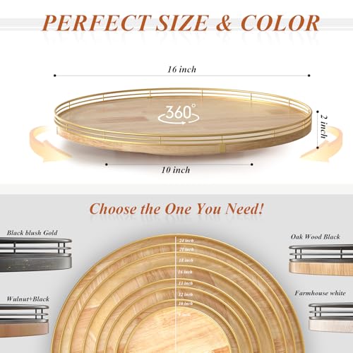 Image of 16 Inch Rustic Lazy Susan Turntable - Solid Oak & Iron Wood Rotating Tray for Dining Table, Kitchen Counter, Coffee Table - Farmhouse Style Large Wooden Lazy Susan Organizer for Home Decor