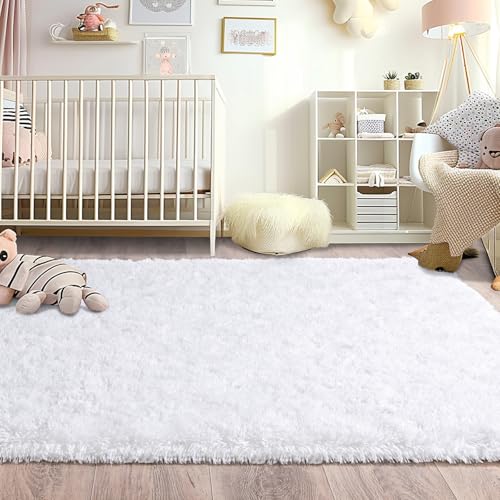 Fluffy Rugs for Bedroom Living Room, 4x6 Feet Indoor Modern Shaggy Area Rugs, Non-Slip Fuzzy Shag Floor Carpet for Dorm Nursery Kids Room Decor, Soft Plush Throw Rug, White