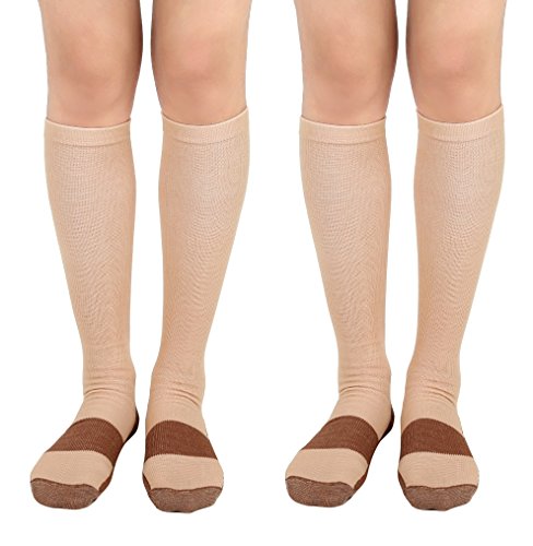 MojaSportsGraduated Compression Socks Support Stocking Men Women Athletic, Medical, Sport, Running, Flight, Travel, Nurse, Boost Performance, Blood Circulation & Recovery. (Beige/Copper, Sm/Med, 2Pr)