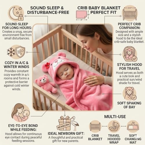 Image of First Kick Baby Hooded Blanket for Newborn (0-12 Months) - Soft 240 GSM Flannel Baby Wrap, Cute Bear Hood Baby Bath Towel & Swaddle, Lightweight Warm Crib & Travel for Infants - 82 x 82 cm Pink